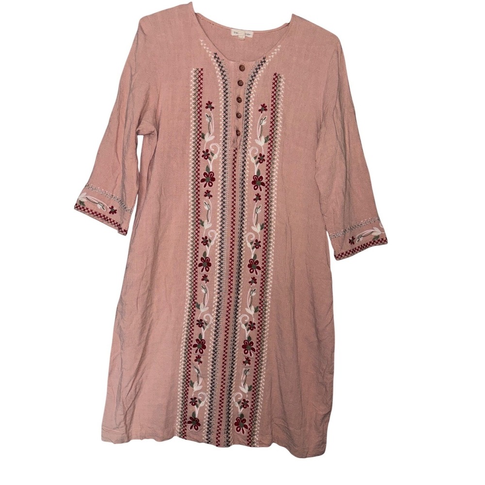 Stevie Hender L Womens Pink Embroidered‎ Floral Henley Shift Dress Festival Boho